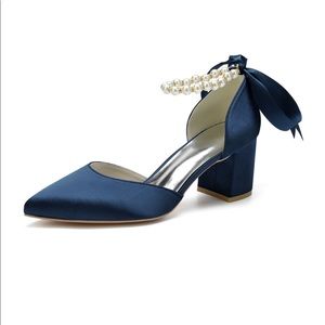 Navy Blue Satin Pump with Pearl Details
